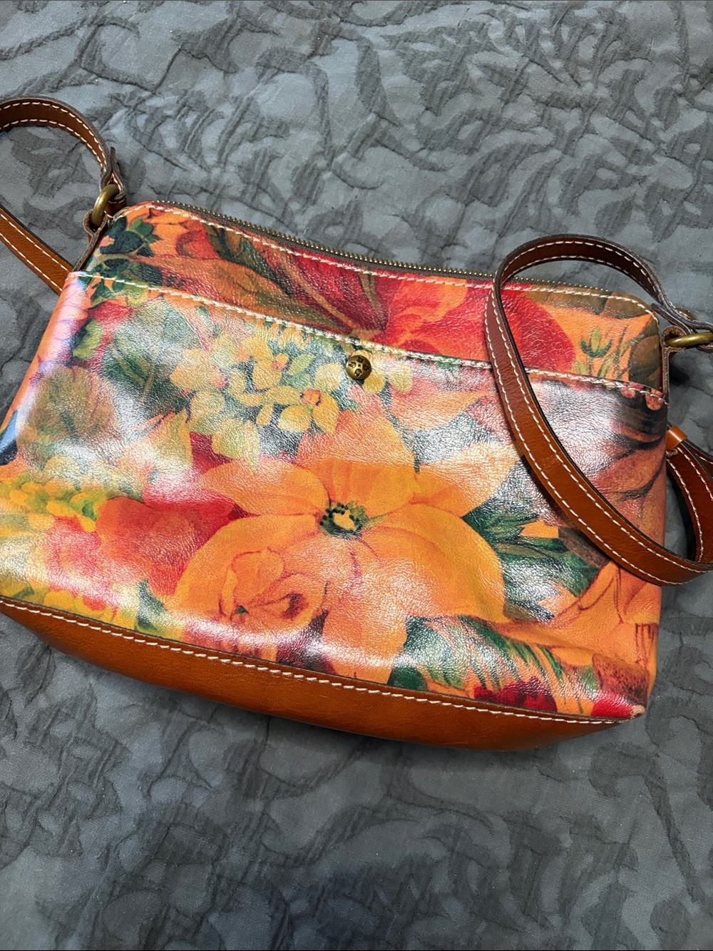 Patricia Nash Orange Floral Leather Crossbody with Tan Strap - Picture 6 of 6